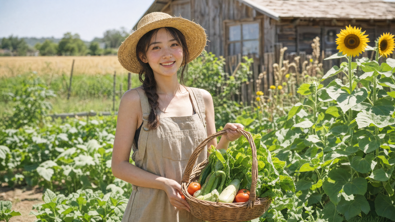 田园少女采蔬笑迎阳图片