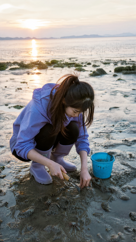 夕阳赶海 少女挖贝忙图片