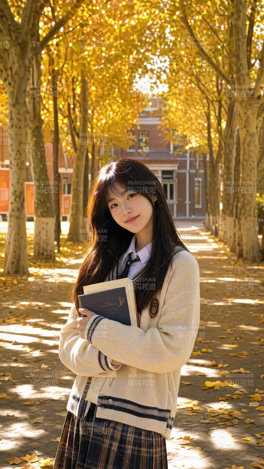 秋日校园 少女抱书微笑图片