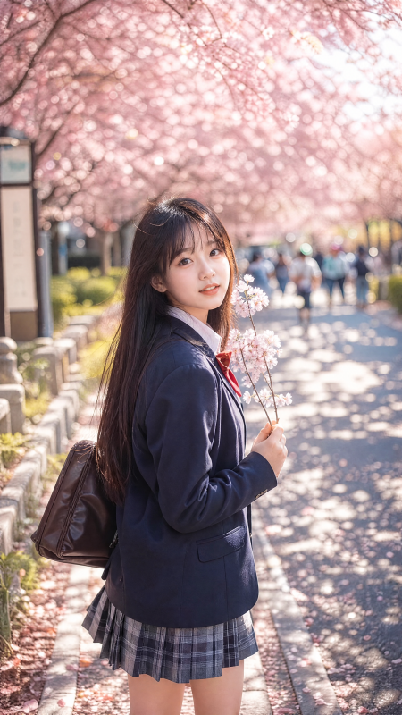 樱花树下 少女持花回眸图片