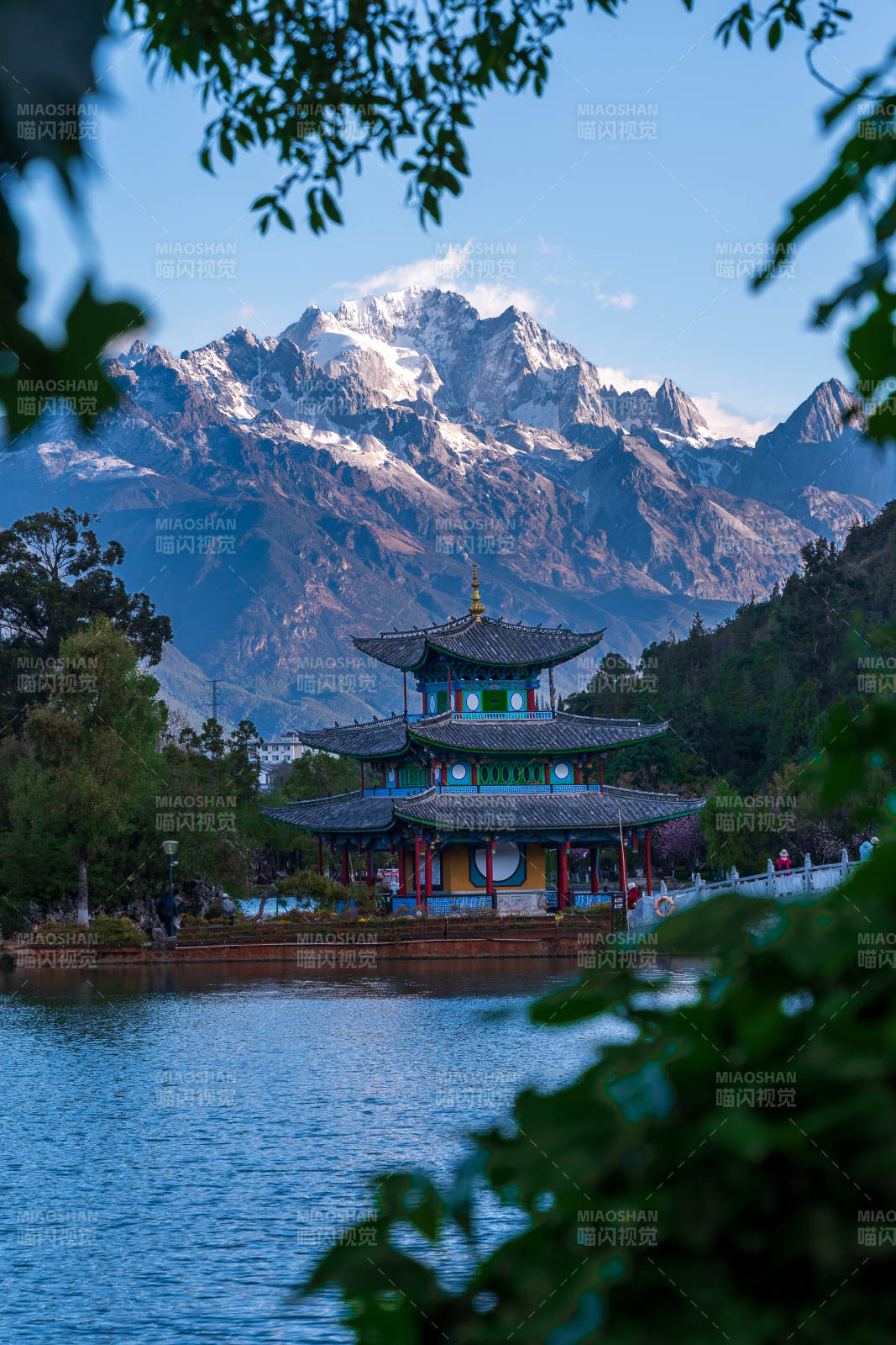 丽江黑龙潭得月楼雪山古塔映湖光图片