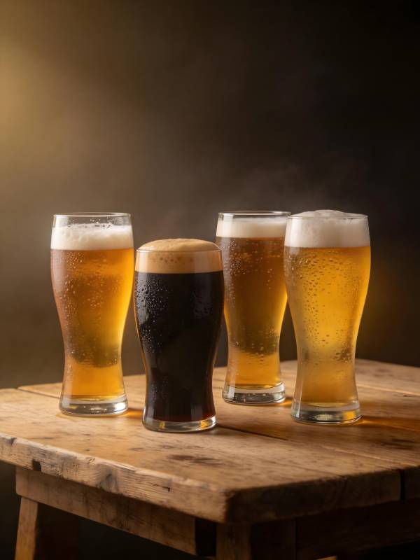 四杯啤酒 木桌暖光图片