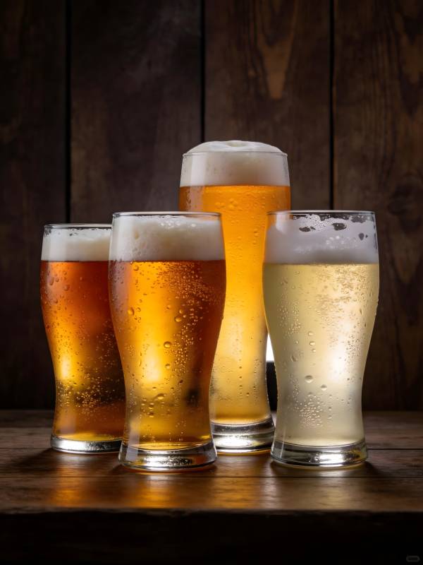 四杯冰啤酒 木桌暖光伴图片