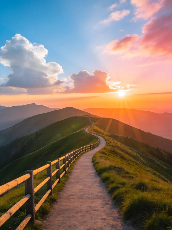 山径夕照 云霞满天路图片