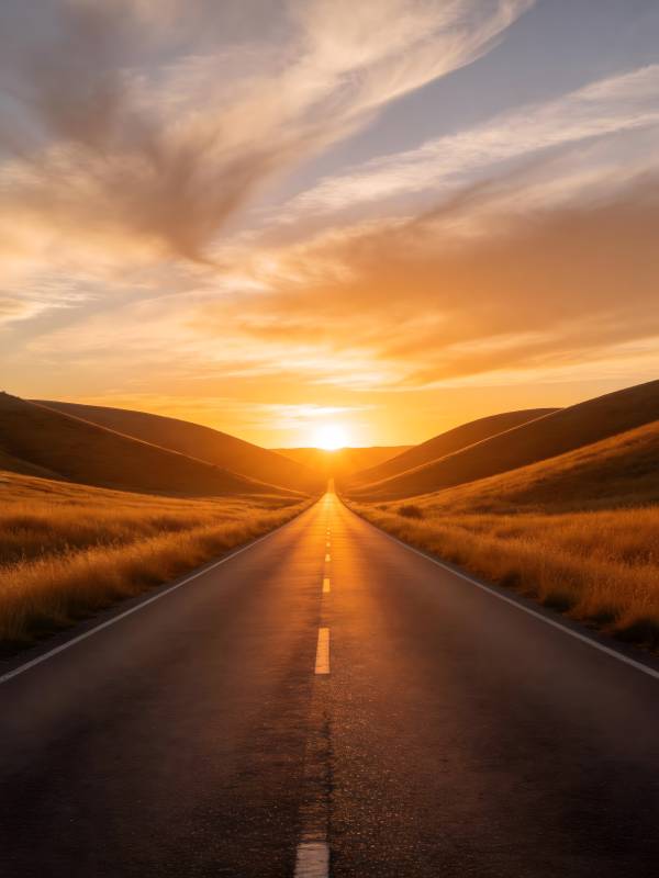 夕阳下的金色公路图片