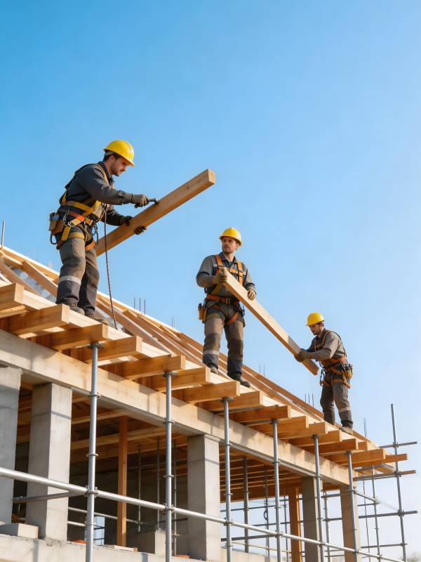 工人协作搭建木结构屋顶图片
