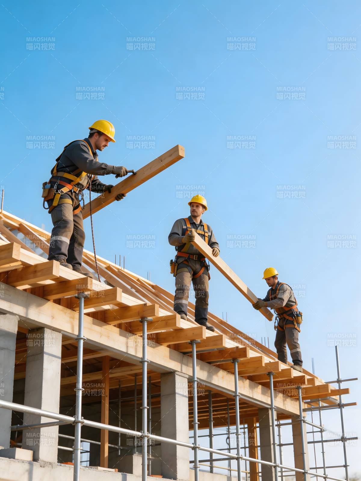 工人协作搭建木结构屋顶图片
