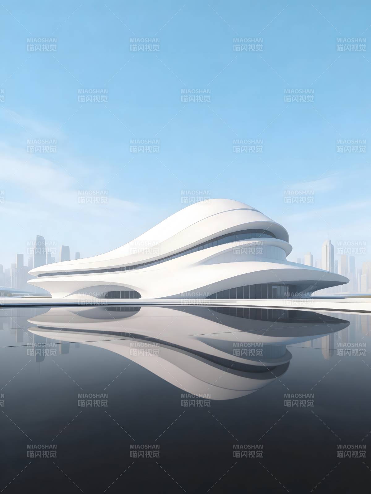 未来主义白色建筑倒影图片