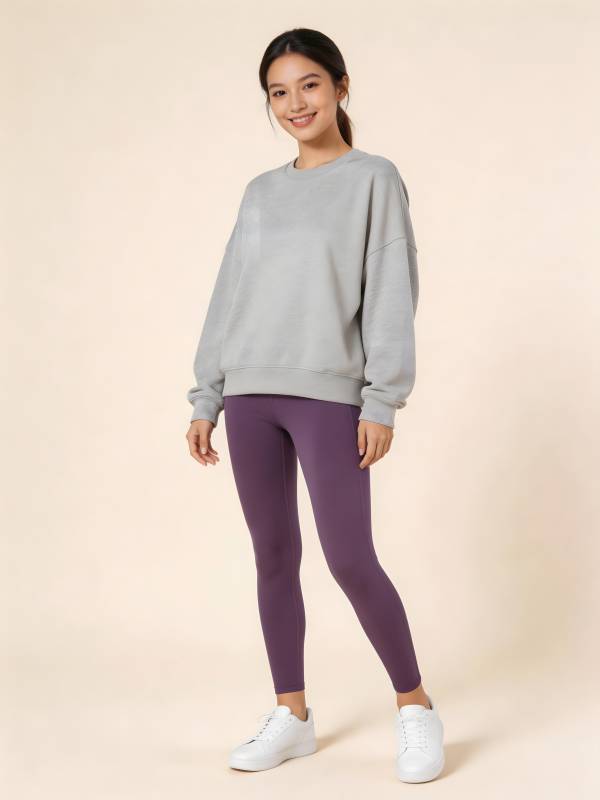 灰卫衣紫 leggings 白鞋穿搭图片