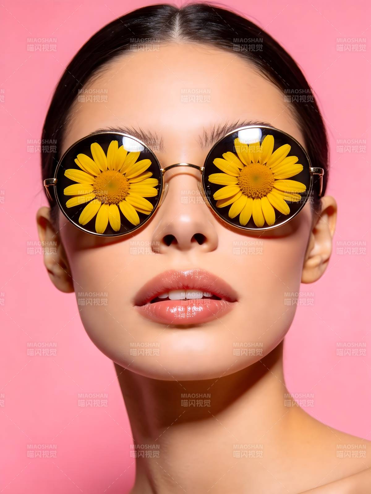 墨镜藏花 粉背景少女脸图片