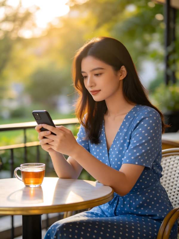 午后阳光 蓝裙少女品茶刷手机图片