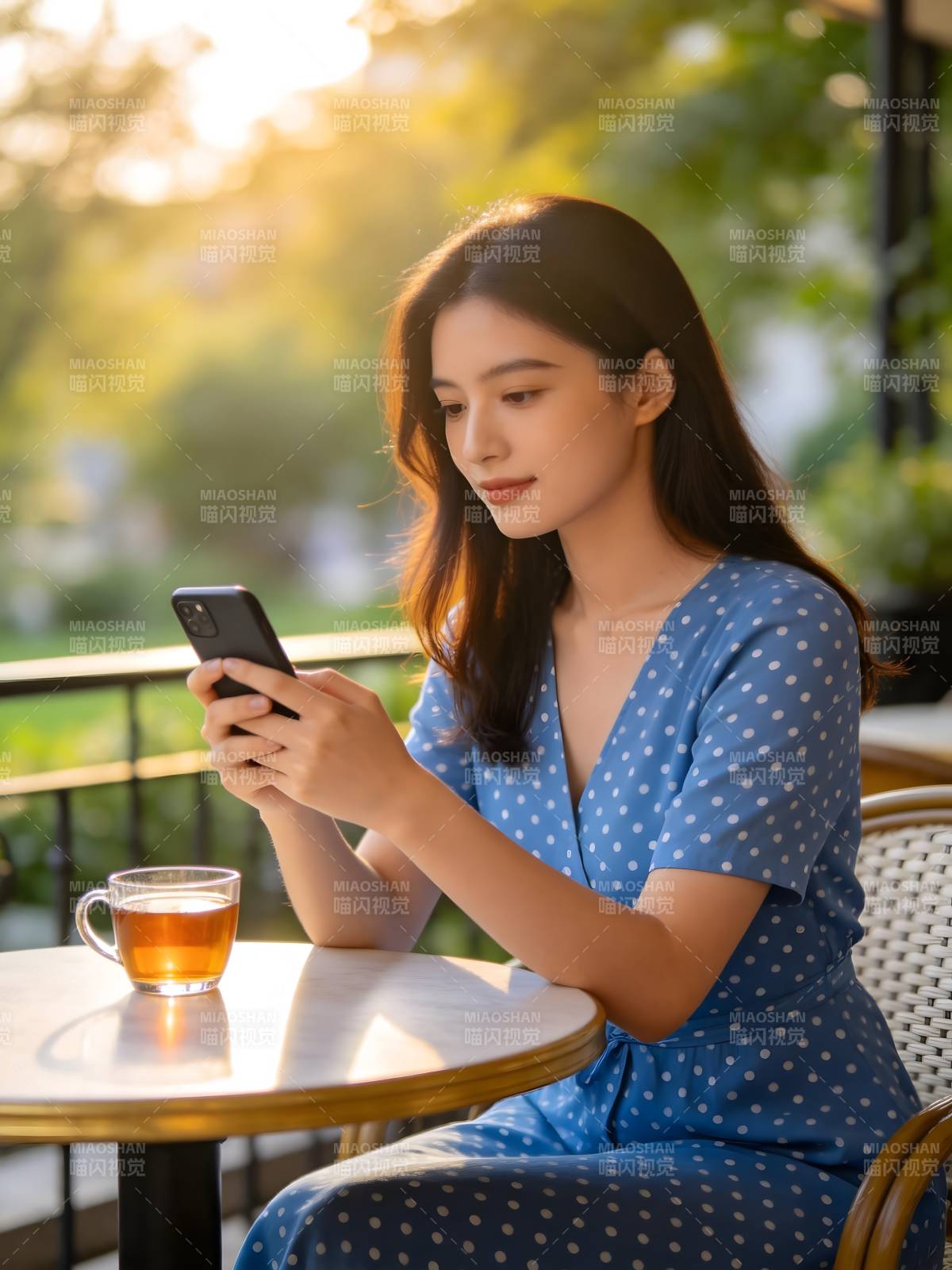 午后阳光 蓝裙少女品茶刷手机图片