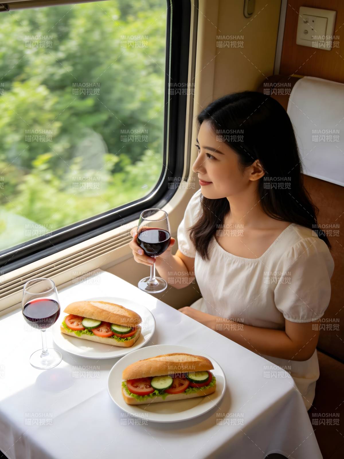 窗边红酒三明治 惬意旅途时光图片