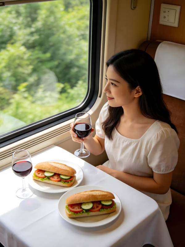窗边红酒三明治 惬意旅途时光图片
