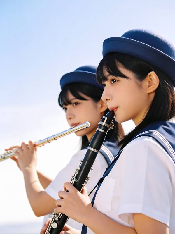 双少女吹奏管乐 晴空下青春洋溢图片