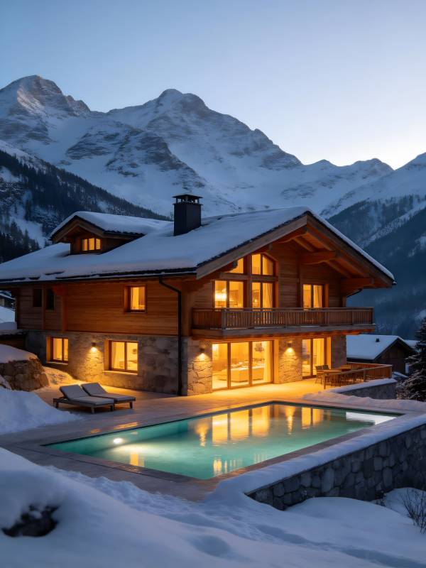 雪山木屋暖光泳池夜图片