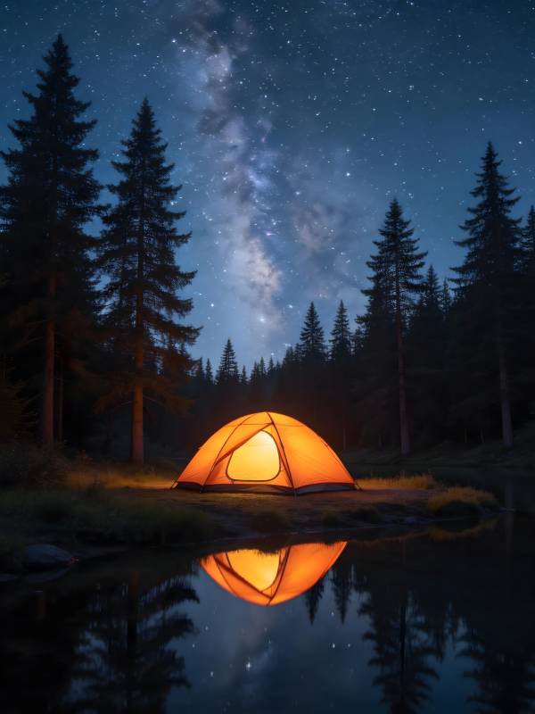 星空下的帐篷倒影图片