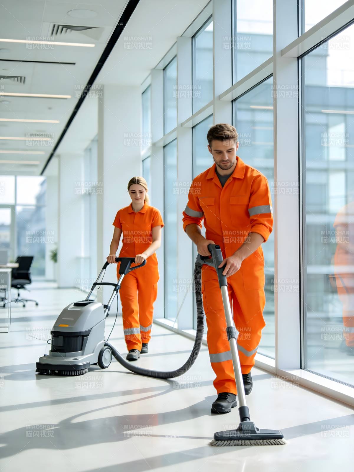 橙衣保洁员清洁办公走廊图片