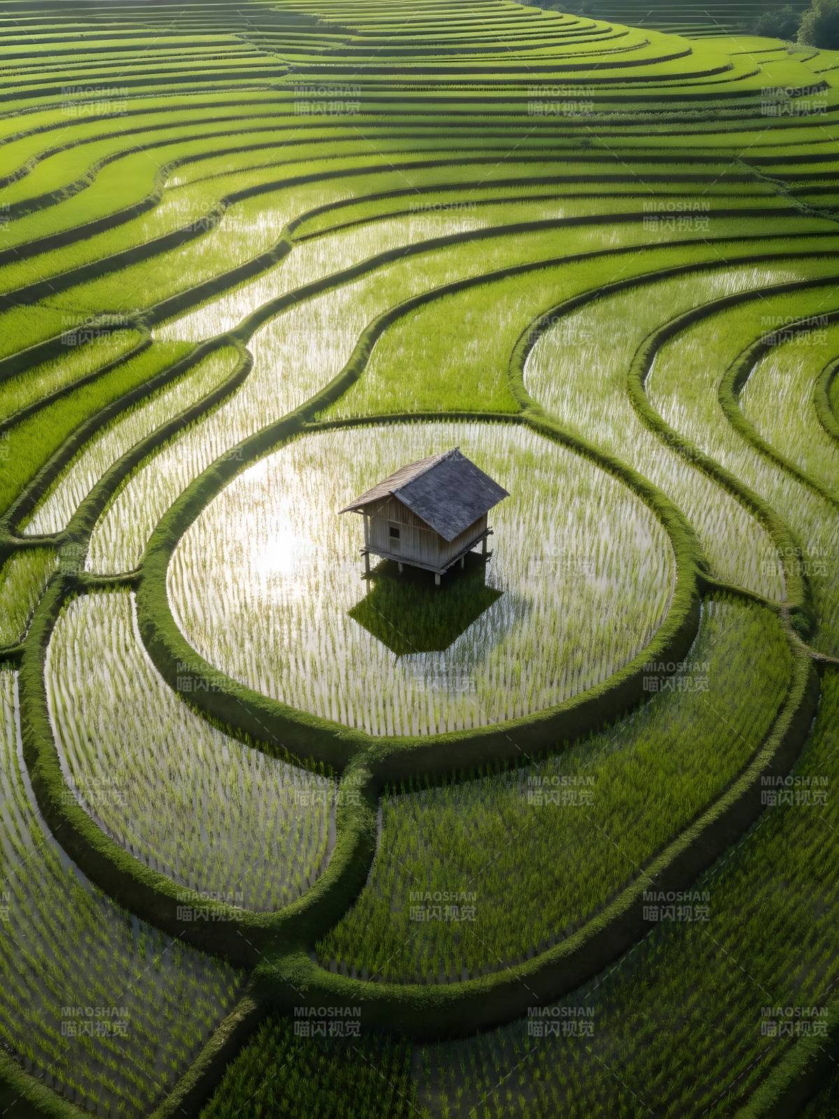 梯田中央小屋 绿意如画图片