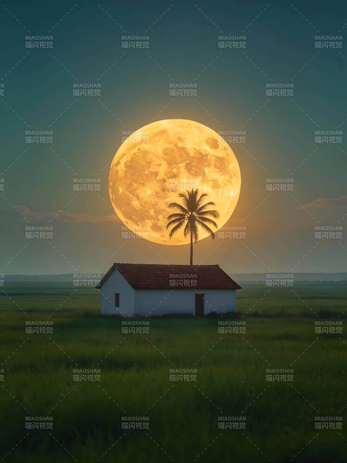 月落小屋 椰影静夜图片