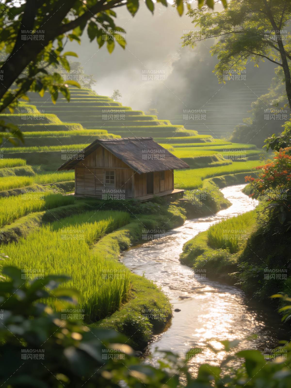 晨雾梯田 溪流绕木屋图片