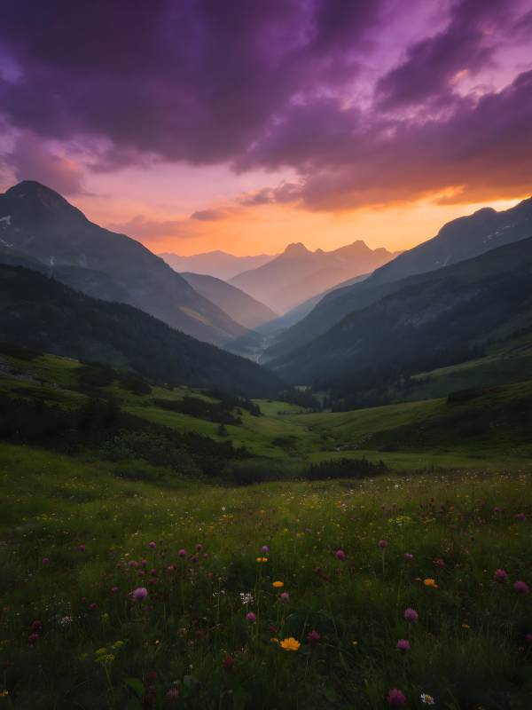 紫霞映山 花谷暮色醉人图片