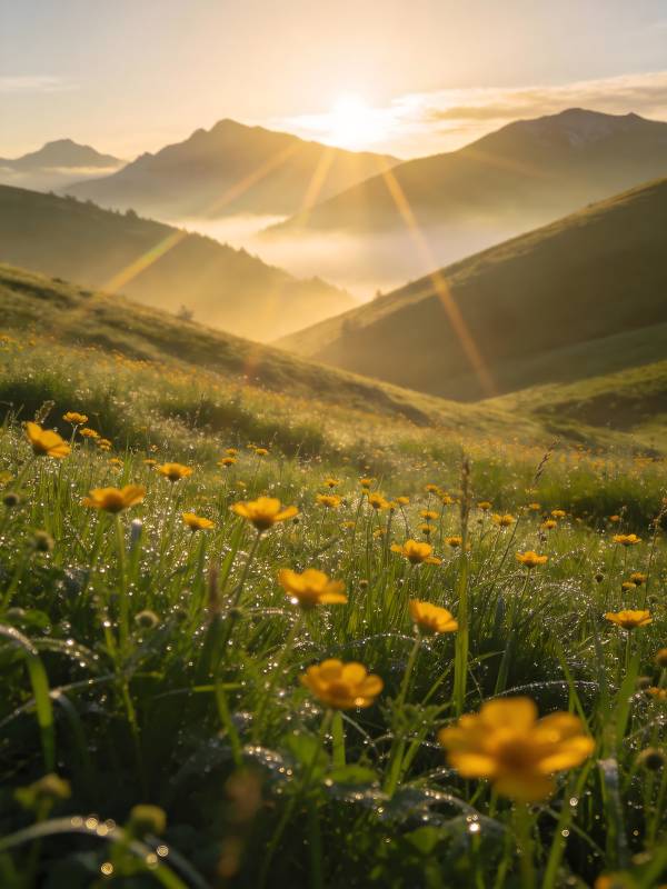 晨光花海 山峦如画图片