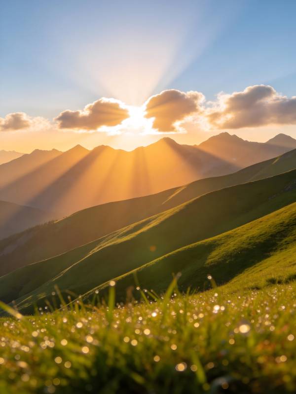 晨光洒山峦 草尖露珠闪图片