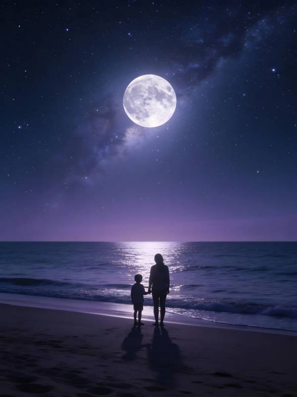 月夜海边 母子静望星河图片