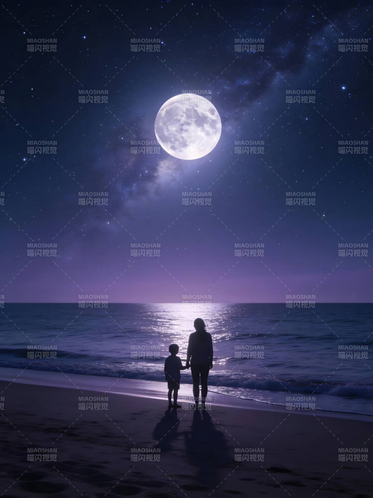 月夜海边 母子静望星河图片