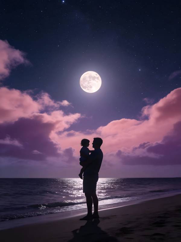 月夜海边 父爱如光图片