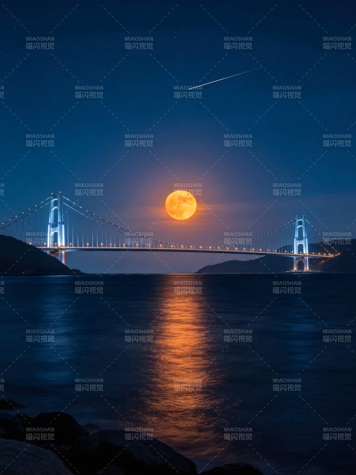 月悬桥影 流星划夜海图片