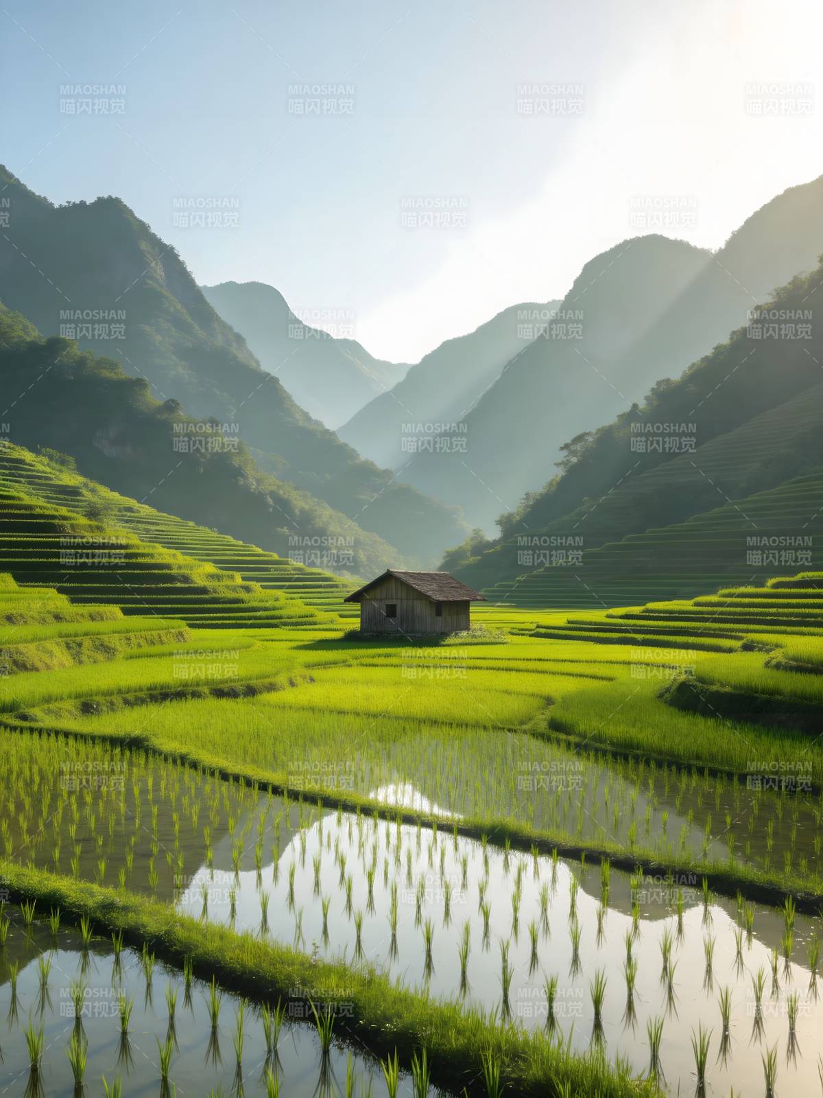 青山梯田 小屋映水光图片
