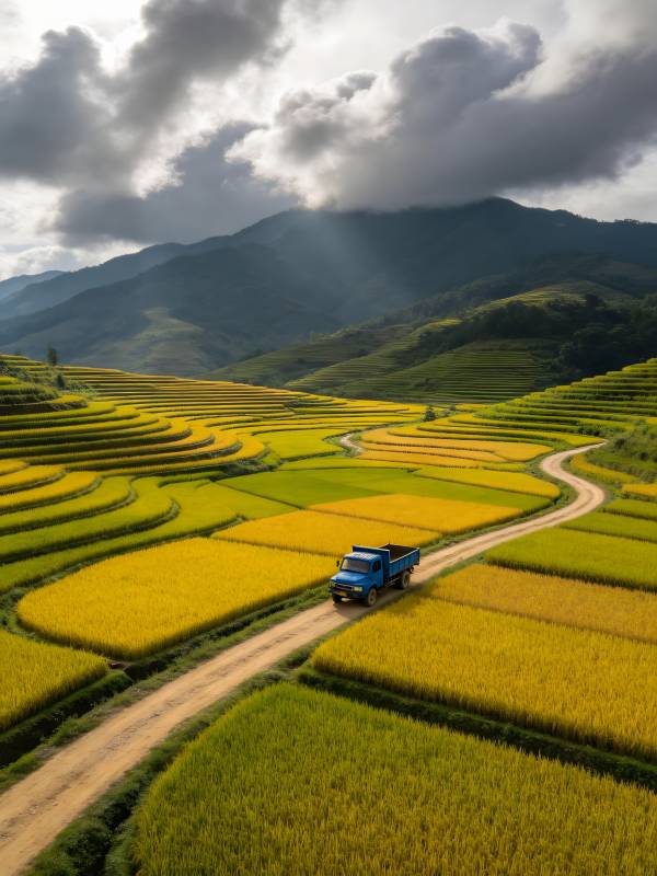 梯田金浪 蓝车穿行山间路图片