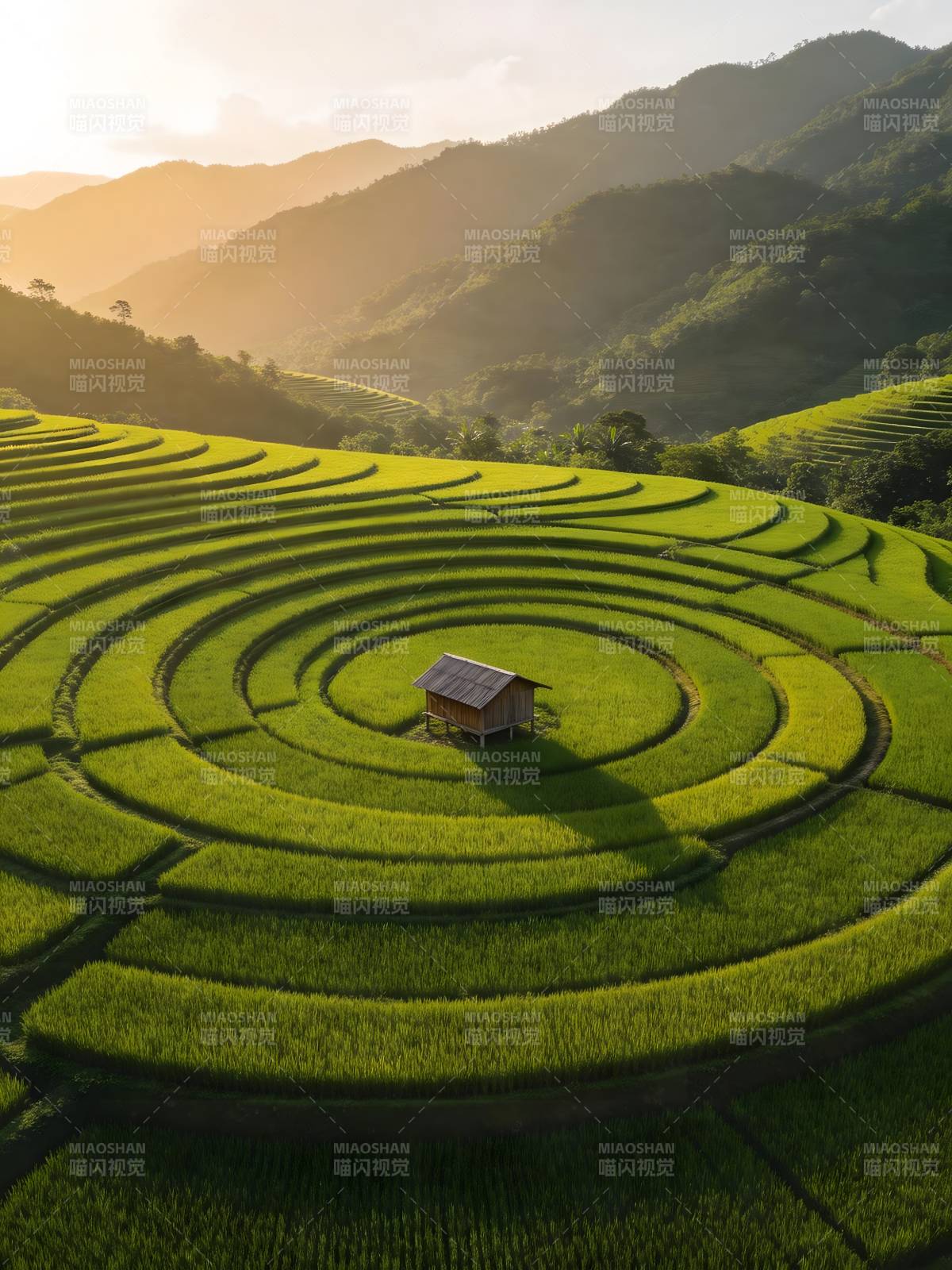 梯田同心圆 山间小屋静图片
