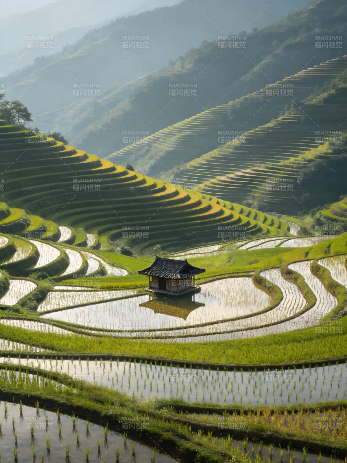 梯田映日 小屋静立山间图片