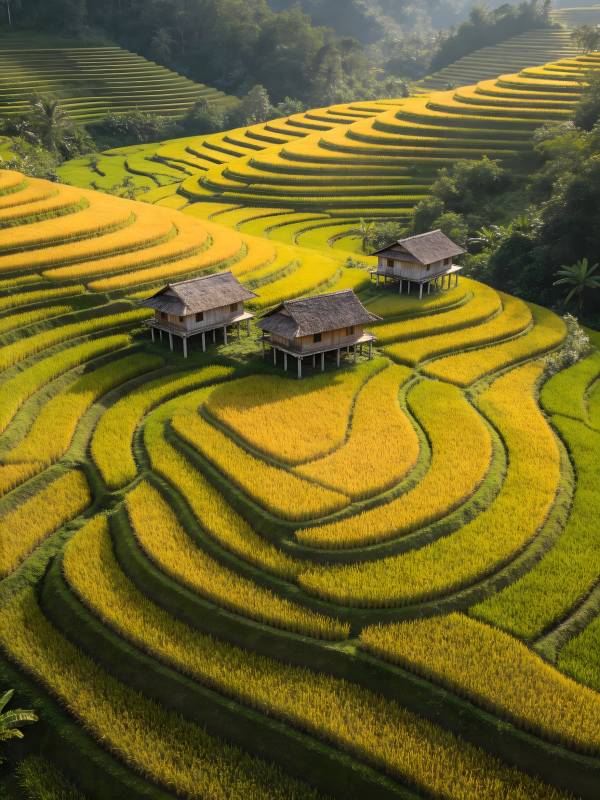 金色梯田上的小屋图片
