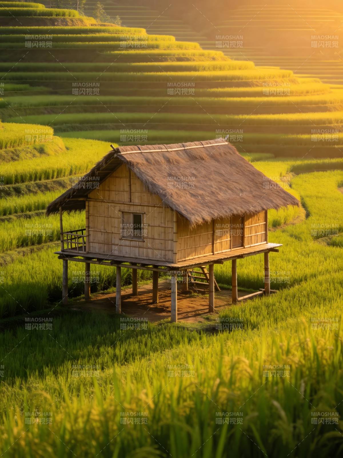 梯田茅屋 夕照金黄图片