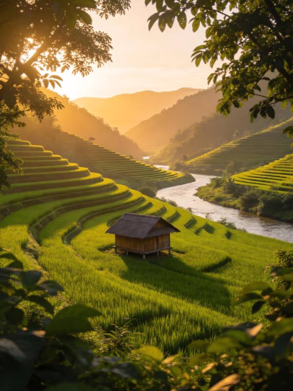 梯田晨韵 小屋依水傍山图片