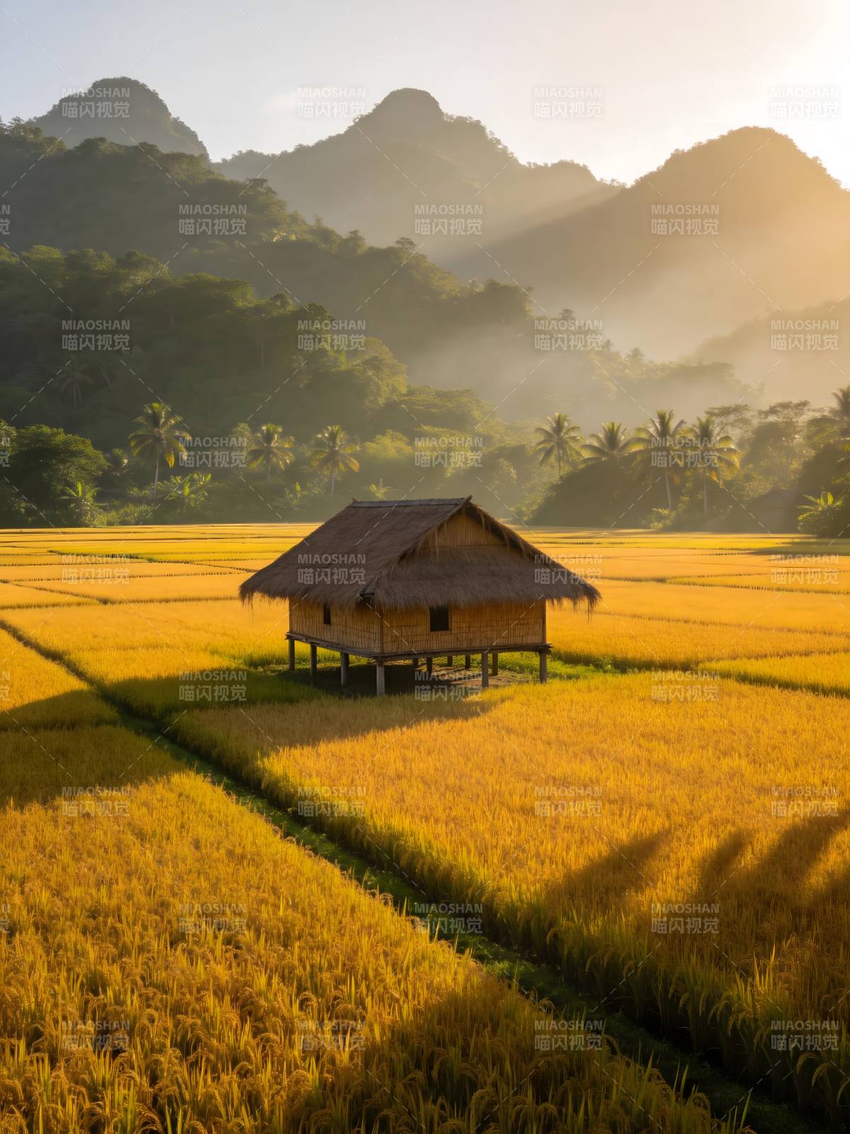 晨雾金稻 山居如画图片