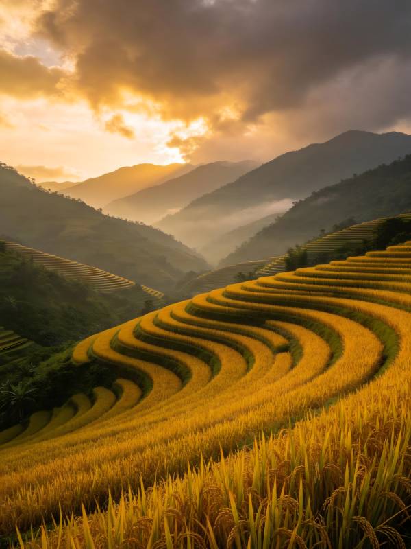 金色梯田映夕阳图片