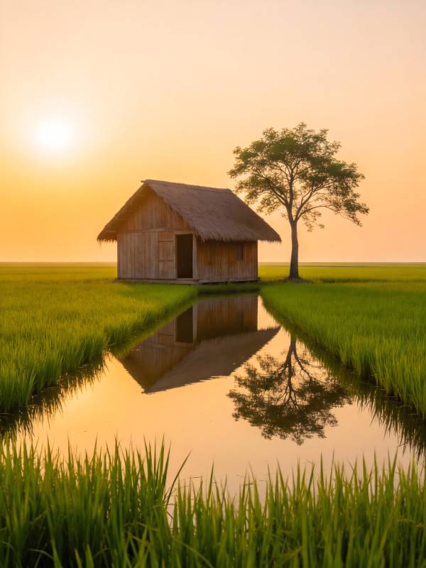 夕阳稻田小屋倒影美图片