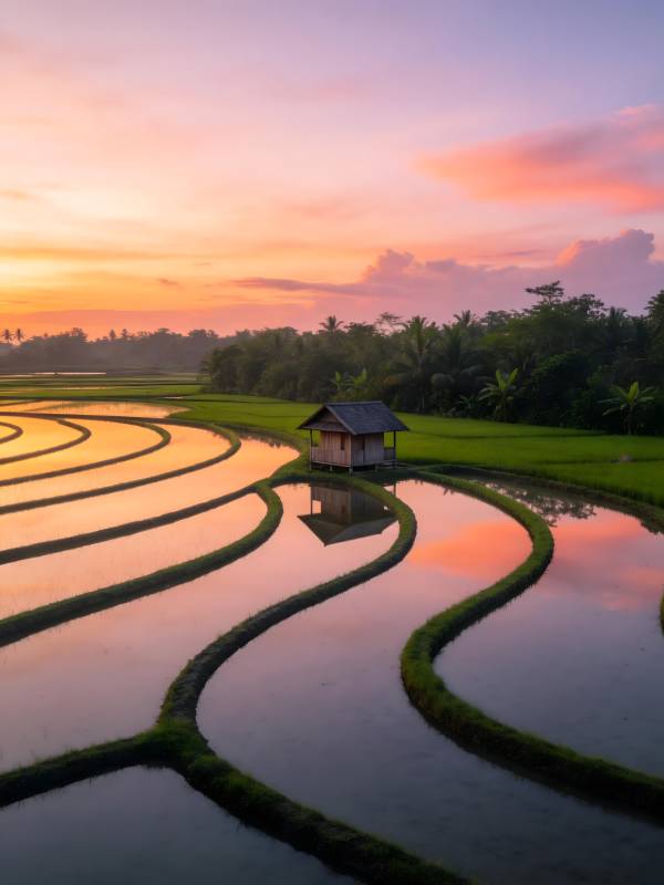 稻田夕照 小屋静立水中央图片