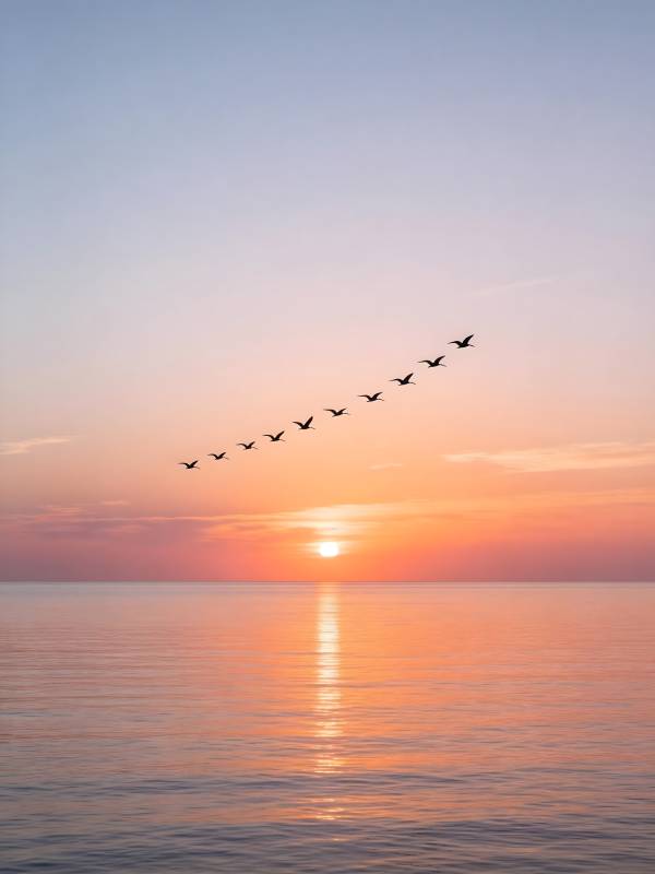 夕阳雁阵 海天共色图片