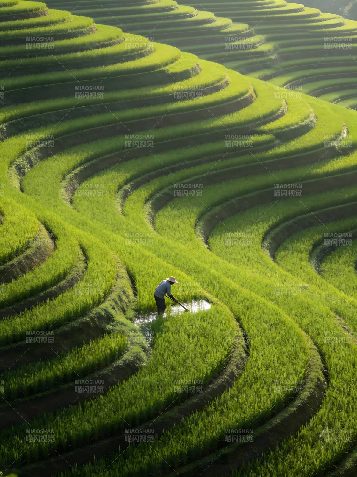 梯田绿浪 农人耕作忙图片