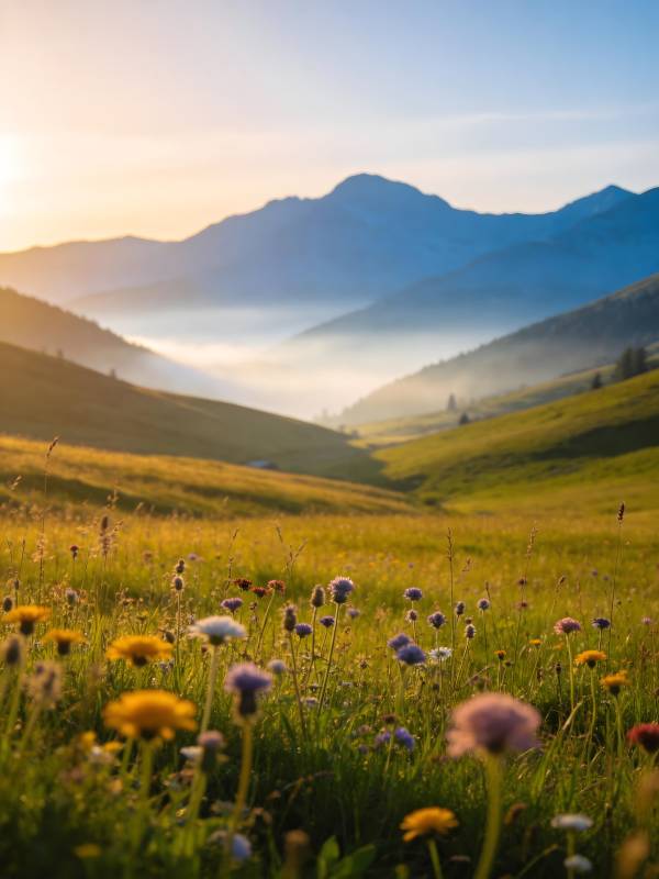山间晨雾 花海迎曦光图片