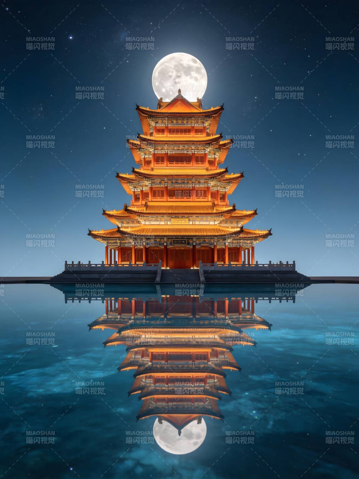 月映古塔 水镜双辉图片