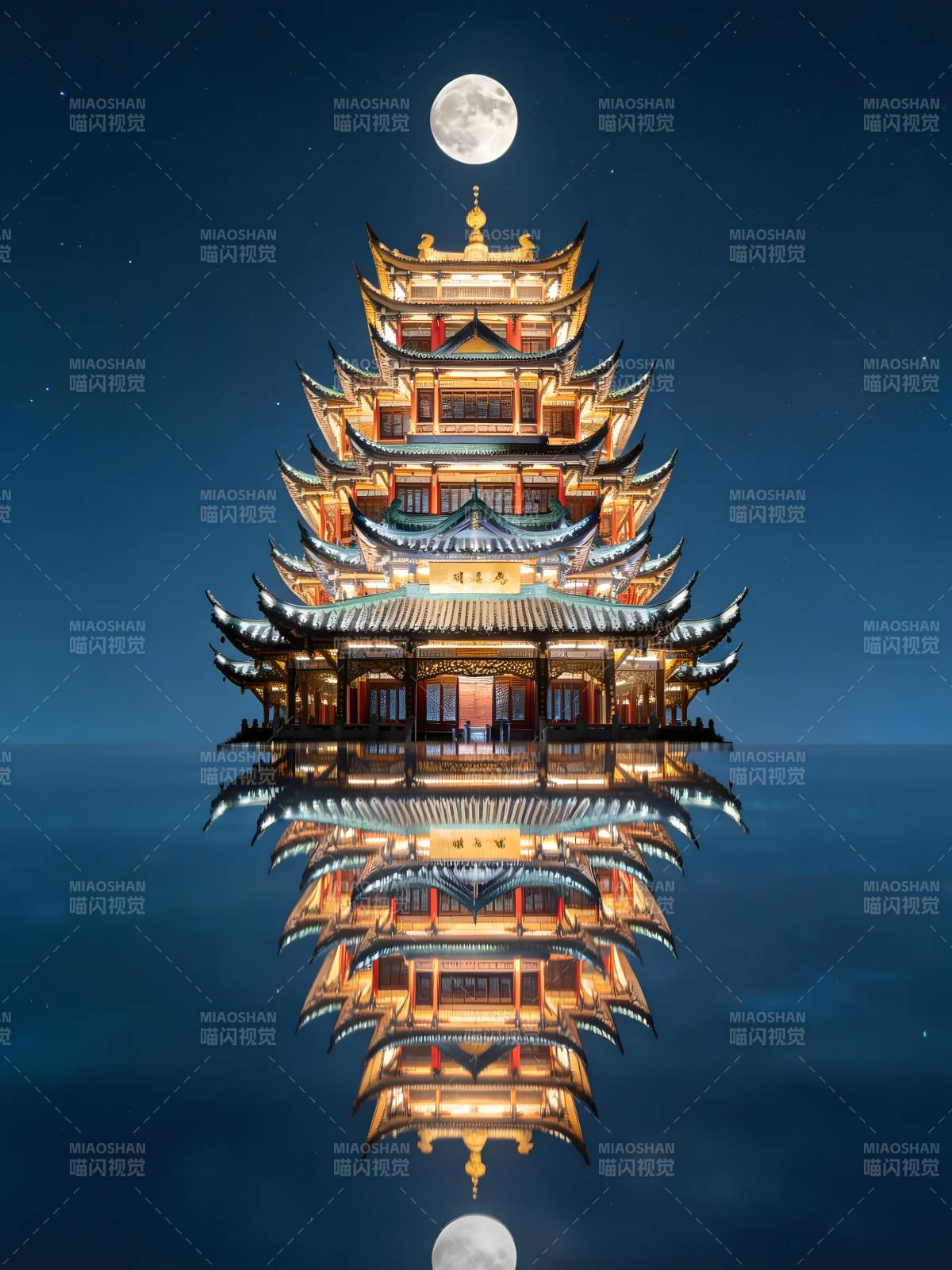 月映古塔 水镜双辉图片