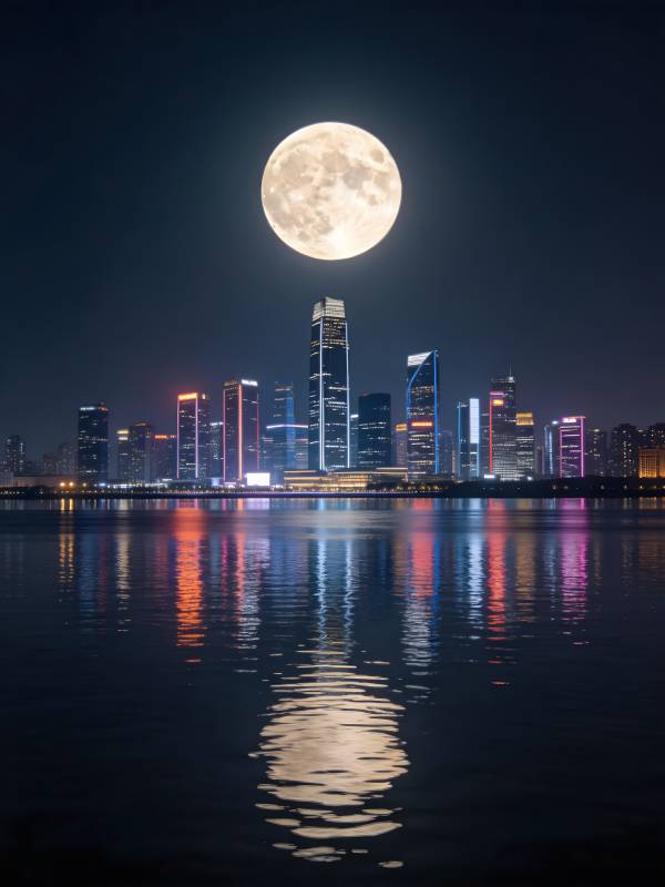 月映都市夜 水光共辉煌图片