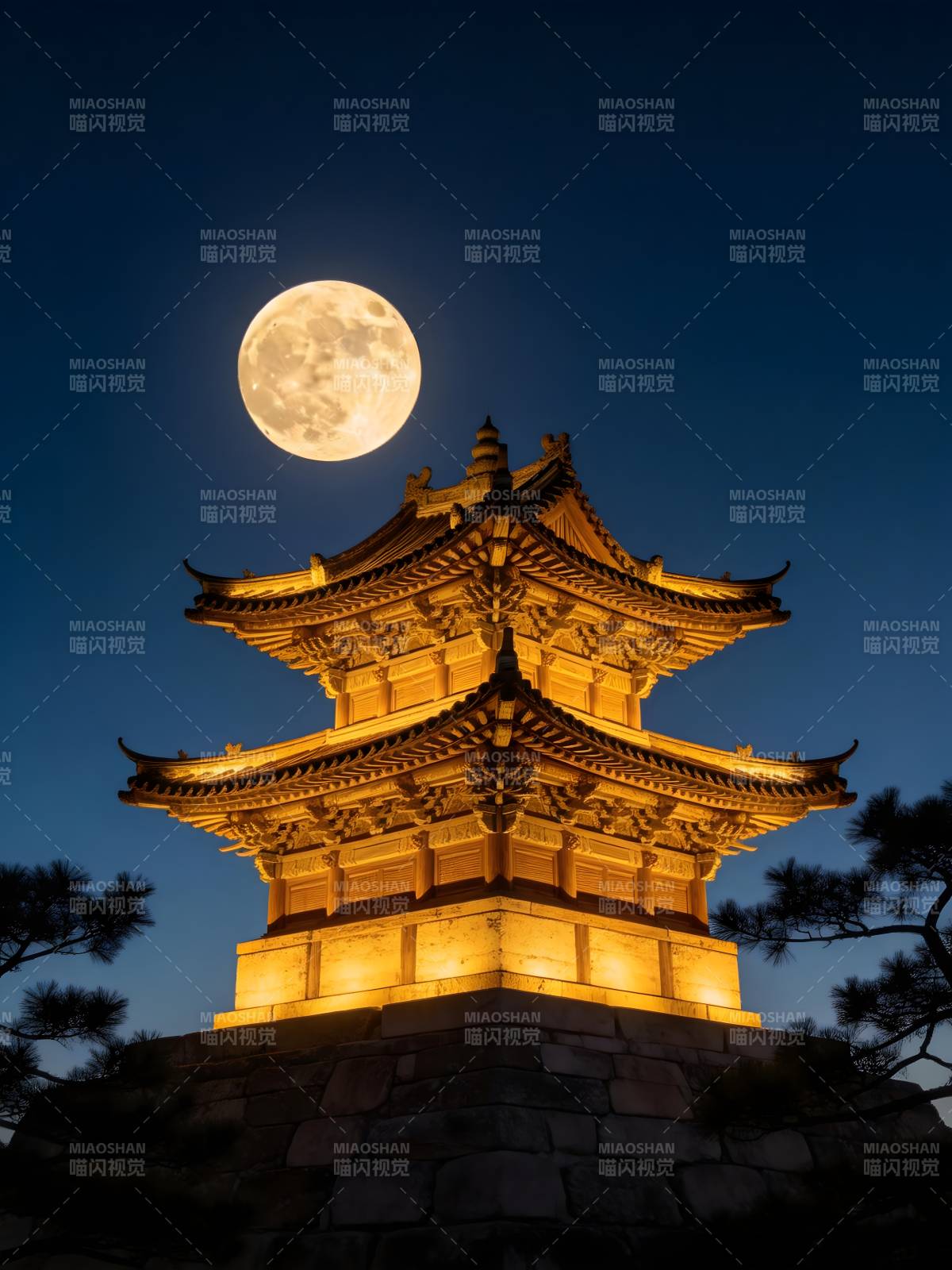 月照古塔 夜色如画图片